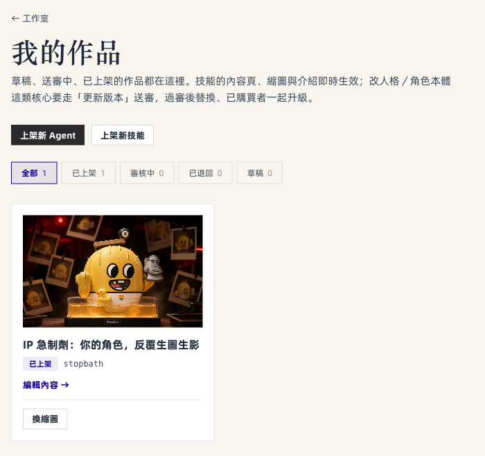 工作室「我的作品」頁，狀態分頁：全部、已上架、審核中、已退回、草稿
